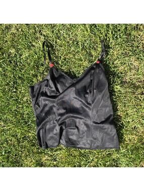Black Satin Crop Cami Top with Red Rosebud Straps